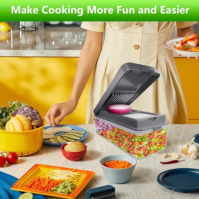 Vegetable Chopper, Onion Chopper Dicer, Mandoline Slicer, Food Chopper with Container, Vegetable Cutter for Salad Potato Carrot Garlic（9 Blades, Grey）