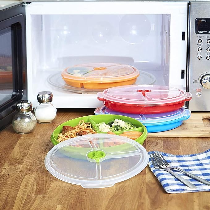 Home Products Essentials 2 Pack- Microwave Food Storage Travel Tray Containers -Portion Control - 3 Section Compartment Divided Plates with Vented Lid For Easy Reheat - Durable Quality (2, Red)
