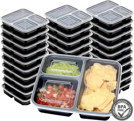 30 Value Pack - SimpleHouseware 3 Compartment Reusable Meal Prep Food Storage Container Lunch Boxes, Stackable and Dishwasher, Microwave, Freezer Safe (36 ounces)