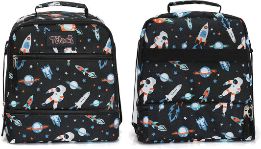 Tilami Lunch Bags Insulated Adjustable Strap Zipper, Two Compartments Cooler Bags, Bento Bags for Kids Toddlers, Astronaut