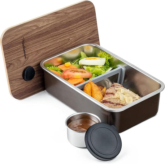 Leak Resistant Stainless Steel Bento Box For Adults|Stainless Steel Lunch Box for Adults |44Oz| BentoBox/Lunchbox| Lunch Container | Microwave Safe (Bottom container) |Bamboo Lid- Mocha Brown