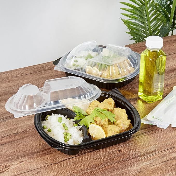 RW Base 28 Ounce Meal Prep Containers, 100 Microwavable To Go Containers With Lids - 2 Compartments, Disposable, Black Plastic Oval Food Containers, For Hot And Cold Food, Freezable - Restaurantware