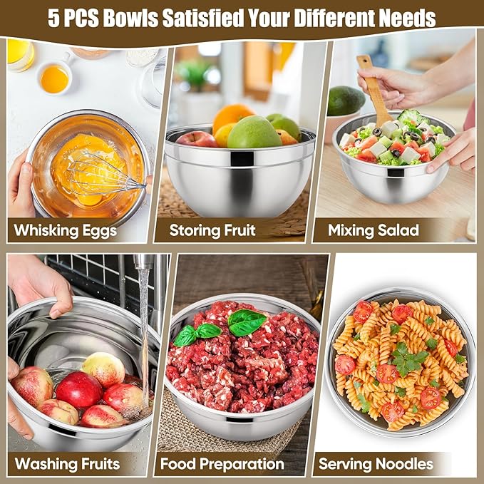 P&P CHEF Mixing Bowl with Lid Set of 5, 10-Piece Stainless Steel Nesting Salad Bowl Set for Prepping, Mixing and Serving, Size 4.6, 3, 1.5, 1, 0.7 QT, Rimmed Edges & Flat Base, Khaki
