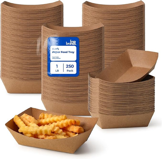 Fit Meal Prep [250 Pack 1 lb Paper Food Boats Heavy Duty Disposable Food Trays, Kraft Brown Nacho Tray for Parties Fairs Picnics Carnivals, Holds Sause Candies Nut Grease Resistant