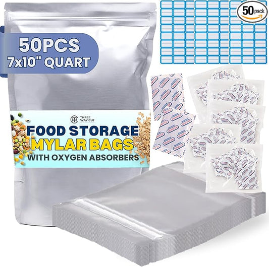 50PCS Quart Mylar Bags For Food Storage - 10Mil Thick 7x10 inch Mylar Bags with Oxygen Absorbers 400cc & Labels, Ziplock Bag for Long Term Storage, Heat & Vacuum Seal Large Kitchen Bag
