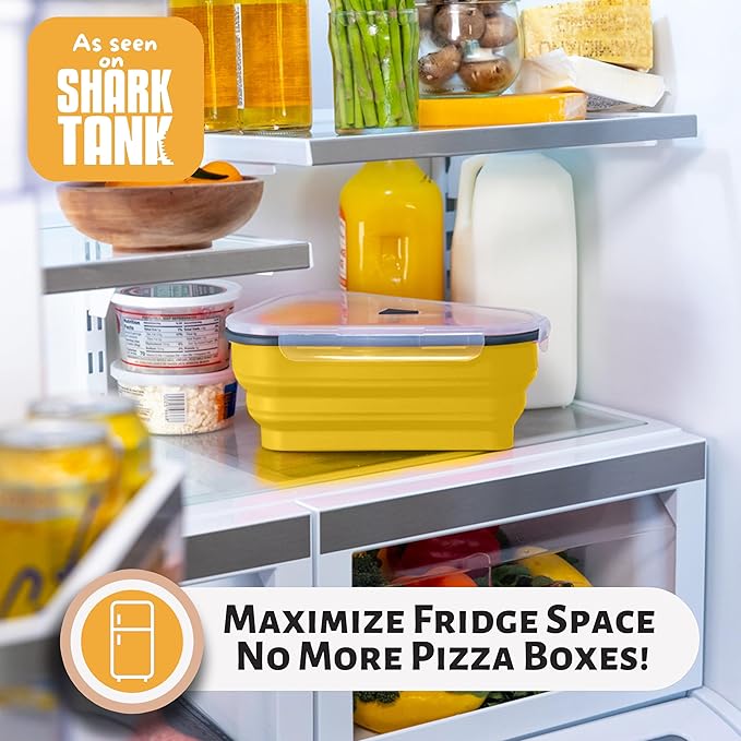 PIZZA PACK The Perfect Reusable Pizza Storage Container with 5 Microwavable Serving Trays - BPA-Free Adjustable Pizza Slice Container to Organize & Save Space, 4 Pack, Yellow