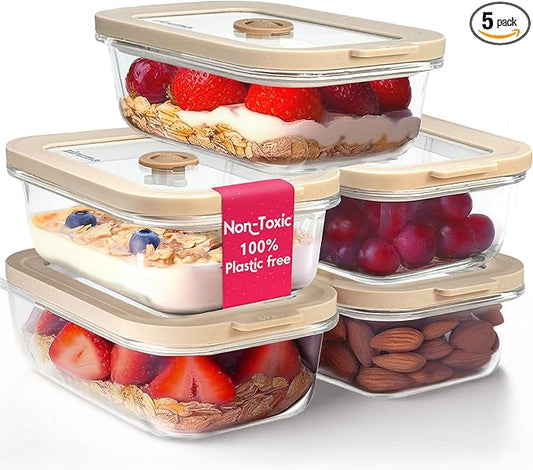 Ziruma Non-Toxic 1.5 cup Glass Food Storage Containers with Lids - Overnight Oats Container, Plastic Free Meal Prep, Reusable Airtight Food Storage, Microwave and Freezer Safe, 5 Pack