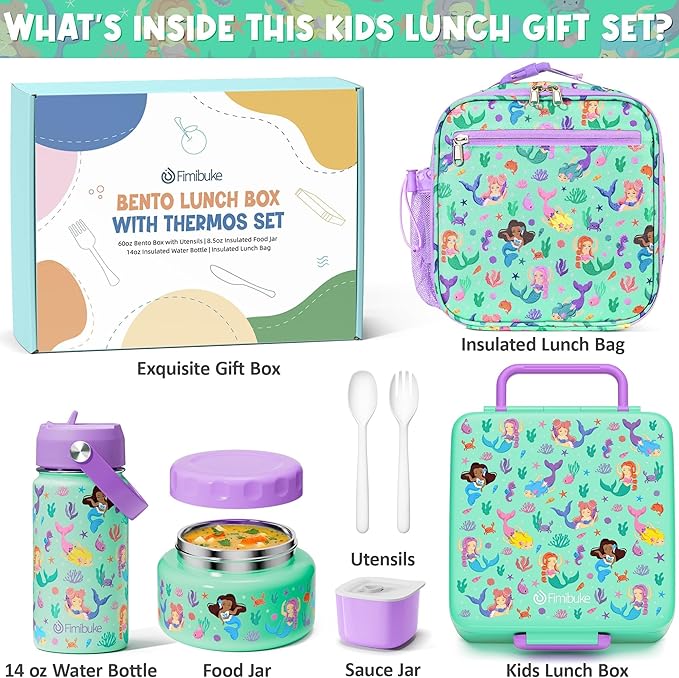 Fimibuke Bento Box for Kids Adult - Leakproof 3-4 Compartments Lunch Bento Box Set with Insulated Thermos Food Jar, Water Bottle, Lunch Bag, Sauce Cup & Cutlery for Toddler Teen Shcool Girl Boy Age 3+