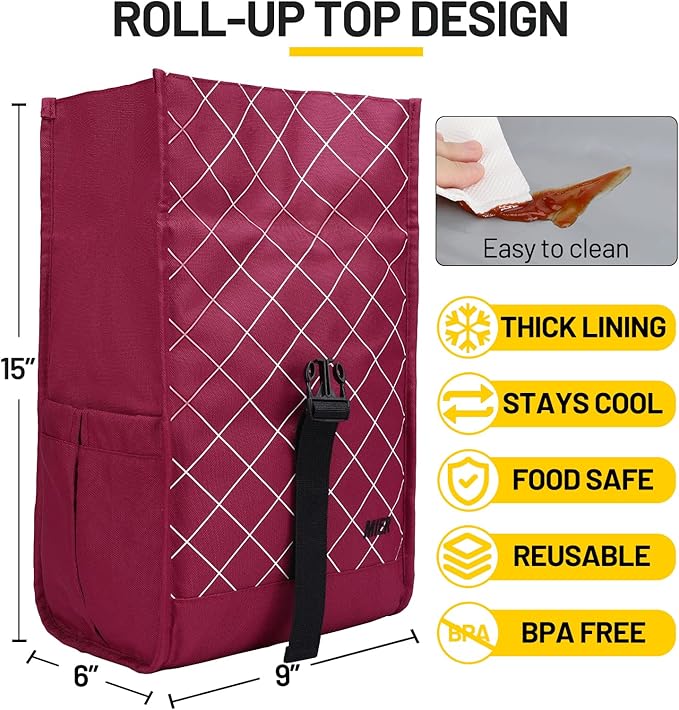 MIER Insulated Lunch Bag Roll Top Lunchbox for Women Men Adults Foldable Rolltop Lunch Tote with Shoulder Strap for Work Office Picnic, Water Bottle Holder, Red