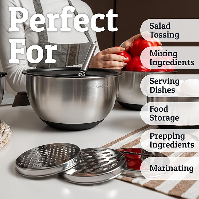 Priority Chef 28Pc Stainless Steel Mixing Bowls with Lids Set, Non-Slip Base, Air Tight Lids, 3 Graters and Utensil Set, Large Metal Nesting Bowls for Kitchen, Black