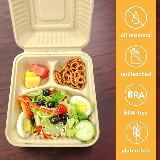 100% Compostable Disposable Food Containers with Lids [9”X9” 3-Comp 200 Pack] Eco-Friendly Take-Out TO-GO Containers, Heavy-Duty, Biodegradable, Unbleached by Earth's Natural Alternative