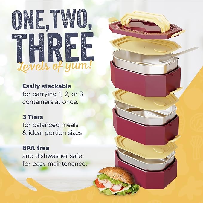 Stainless Steel Stackable Bento Box Adult Lunch Box with Cutlery - Hot/Cold - Separates Ideal Portion Sizes - Reusable Tin Inserts - Dishwasher Safe - Stackable Lunch Container for Adults with Spork
