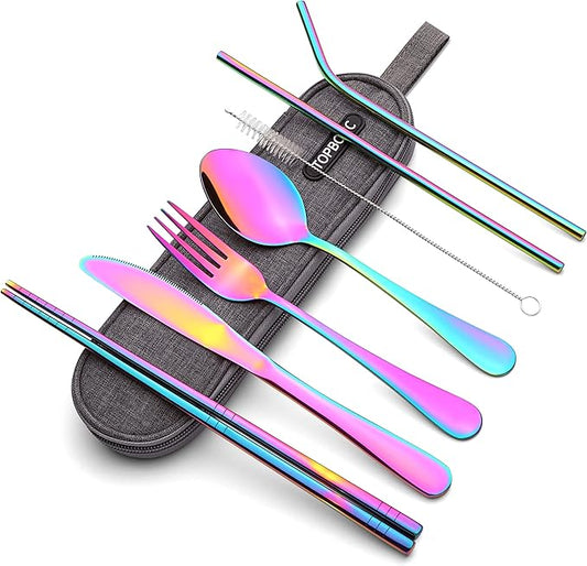 Portable Stainless Steel Flatware Set, Travel Camping Cutlery Set, Portable Utensil Travel Silverware Dinnerware Set with a Waterproof Case (Rainbow)