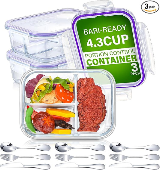 12 Pcs 35 oz Glass Portion Control Containers with 3 Set Knives Forks Spoons Food Storage Containers with Lids 3 Compartment Airtight Lunch Bento Boxes for Adults Diet Balanced Eating