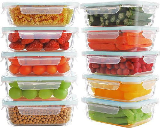 Bayco 10 Pack Glass Meal Prep Containers, Glass Food Storage Containers with Lids, Airtight Glass Lunch Bento Boxes, Leak Proof (10 lids & 10 Containers)