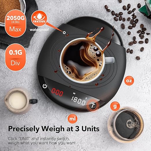Espresso Coffee Scale with Timer – Mini Digital Coffee Scale 2Kg/0.1g Accuracy Pour Over for Kitchen Food Measuring Baking with Features One-Key Peeling and Automatic Sleep Function(Black)
