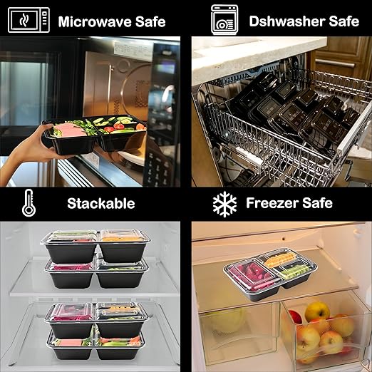 48 Pack Meal Prep Containers, 43OZ Bento Box, 3 Compartment Divided Food Storage Containers Durable Stackable Reusable, For Microwave/Dishwasher/Freezer（48 Trays & 48 Lids）