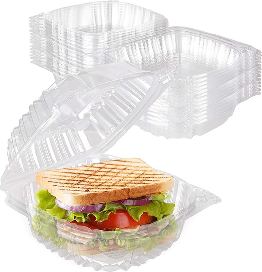 Disposable Plastic To Go Containers with Clear Lids (50 Pack) Fancy Hinged Top Square Clamshell Food Boxes for Take Out, Home Party Togo Clam Shell Box to Carry Cake, Dessert, Small Sandwich