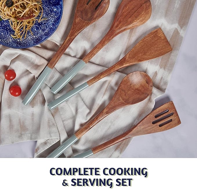Folkulture Wooden Spoons for Cooking | 12" Premium Acacia Wooden Utensil Set of 5 - Smooth Finish, Soft Comfort Cooking Utensils Set for Kitchen, Gifts | Non Stick Wooden Cooking Utensils Set of 5