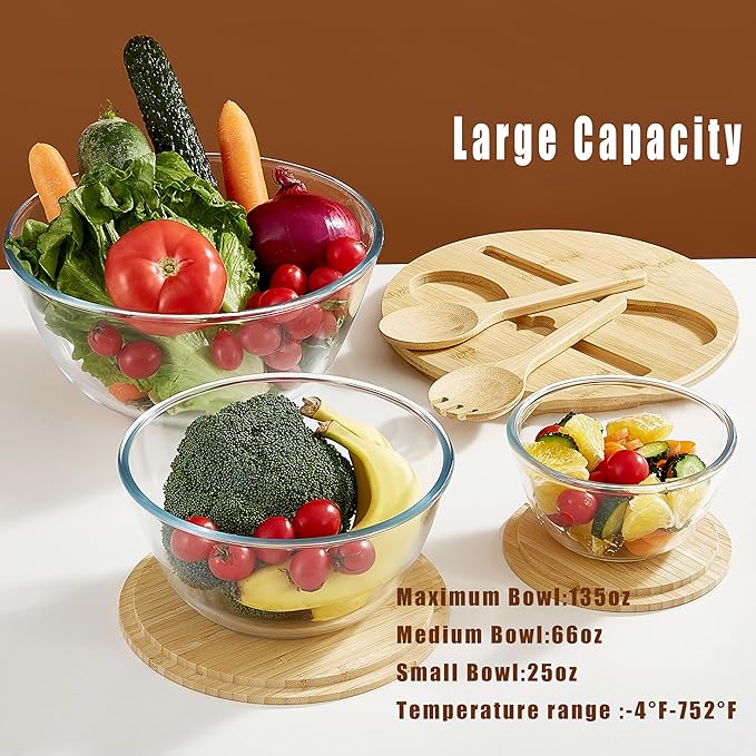 Glass Salad Bowls with Bamboo Lids & Utensils Set of 3, Large Capacity Serving Bowl Clear Mixing Bowls, 3pc Nesting Glass Containers with Wood Lids, Microwave Safe Baking Bowls for Kitchen