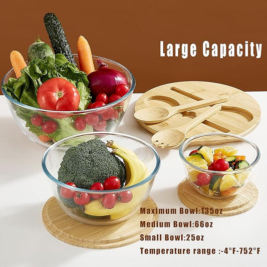Glass Salad Bowls with Bamboo Lids & Utensils Set of 3, Large Capacity Serving Bowl Clear Mixing Bowls, 3pc Nesting Glass Containers with Wood Lids, Microwave Safe Baking Bowls for Kitchen