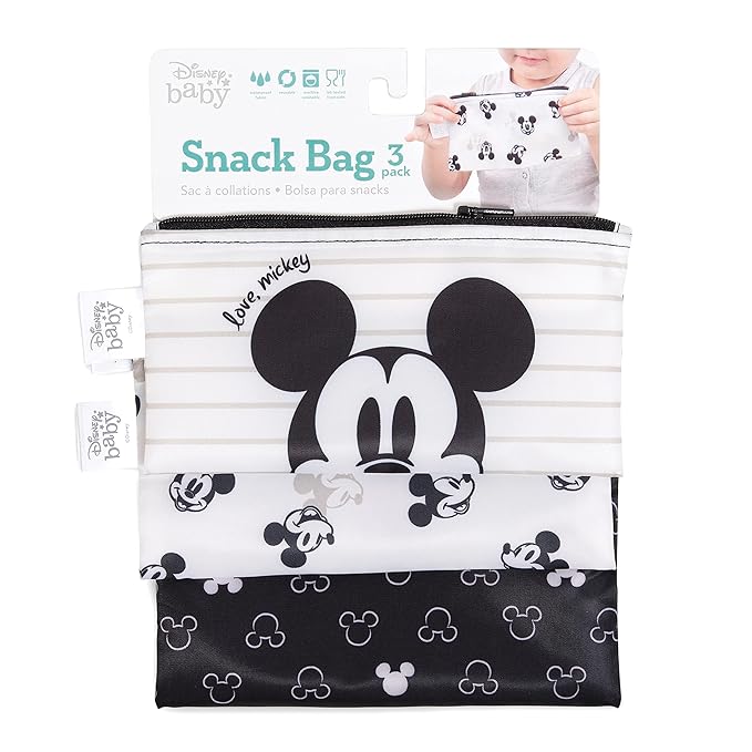 Bumkins Disney Reusable Sandwich and Snack Bags, for Kids School Lunch and for Adults Portion, Washable Fabric, Waterproof Cloth Zip Bag, Travel Pouch, Food-Safe Storage, 3-pk Love, Mickey