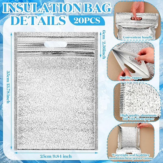 20 Pcs Thermal Bags Bulk with Zipper Handle and 20 Pcs Ice Packs 13.78 x 9.84'' Waterproof Cool Summer Reusable Insulation Bags Thermal Box Liners for Sandwich Drink Picnic Camping