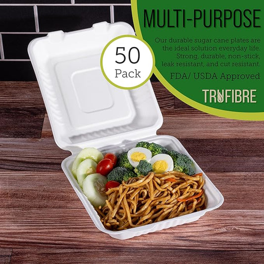 8 x 8 50 Pack White Clamshell Take Out Containers, 100% Biodegradable Compostable Bagasse, Disposable To Go Food Containers with Lids in Bulk