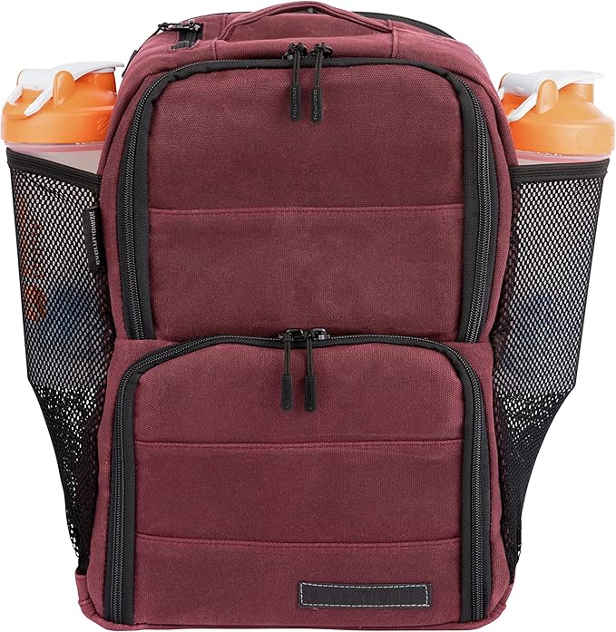 EDC Meal Prep Bag - Full Meal Prep Lunch Box Management System includes Portion Control Meal Prep Containers + Ice Pack (3 Meal Insulated Cooler Bag, Black) (6 meal (Backpack), Maroon (Waxed Canvas))