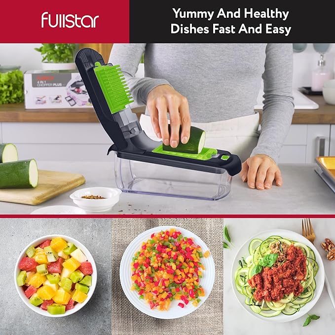 Fullstar Vegetable Chopper and Spiralizer - Food Chopper with Container, Fruit Slicer, Kitchen Gadgets & Accessories, Home Essentials (2 in 1, Gray/Green)