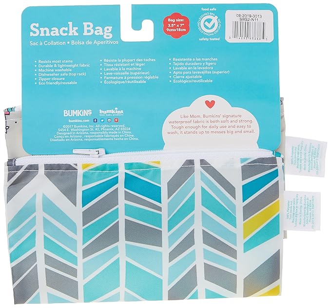 Bumkins Reusable Snack Bags, for Kids School Lunch and for Adults Portion, Washable Fabric, Waterproof Cloth Zip Bag, Supplies Travel Pouch, Food-Safe Storage, 2-pk Cactus and Quill