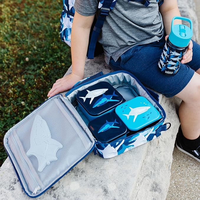 Wildkin Nesting Food Containers for Kids – Stackable, Airtight & Dishwasher Safe - Set of 3 - Sharks