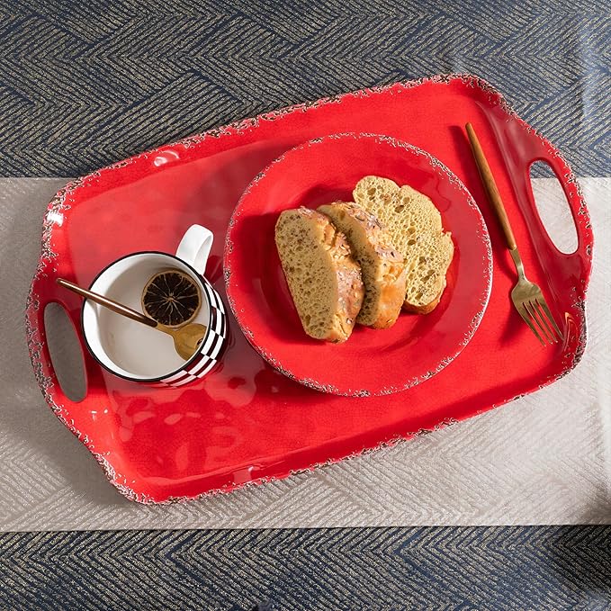 Christmas Large Melamine Serving Tray with Handle, Crackled Rustic Rectangle Melamine Serving Platter for Serving Food, Coffee Table Tray, Entertaining & Party Use, Set of 2, Christmas Red