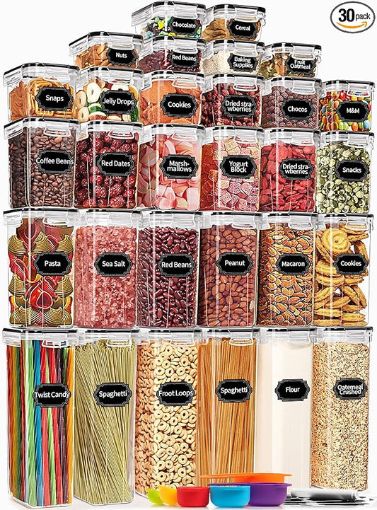 PRAKI 30 Pack Airtight Food Storage Containers for Kitchen Pantry Organizers and Storage, Plastic Kitchen Storage Canisters with Lids,Cereal, Flour & Sugar Containers - Labels, 6 Spoon & Marker
