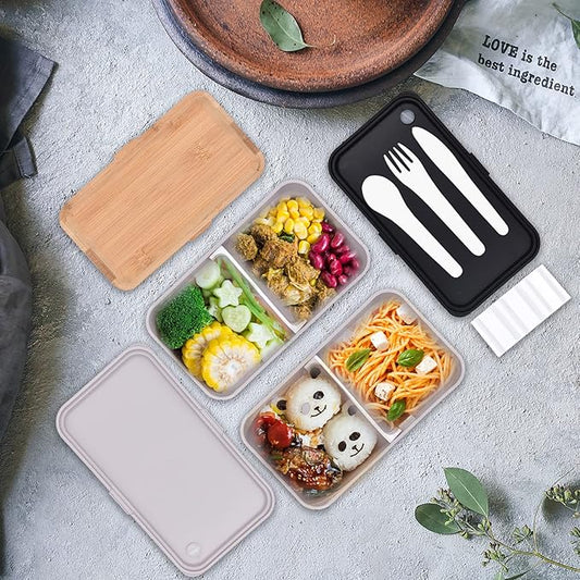 1200ML Bento Boxes, Japanese Lunch Boxes, 2 Stackable Food Containers,for Adults, Men&Women, with Nylon Sealing Strap,Built-In Reusable Cutlery,BPA Free,Bamboo Lid,Microwave Safe (GREY)