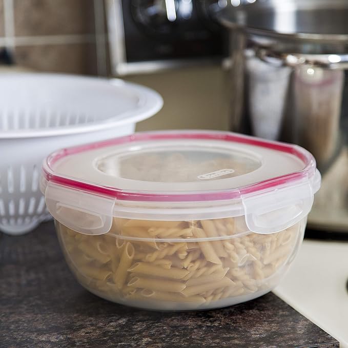 Sterilite Ultra-Seal 4.7 Qt Bowl, Large Airtight Food Storage Container, Latching Lid, Microwave and Dishwasher Safe, Clear With Red Gasket, 4-Pack