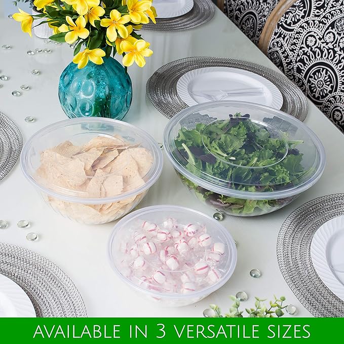 PLASTICPRO Disposable 96 Ounce Round Crystal Clear Plastic Serving Bowl With Lid - Party Snack or Salad Container, Chip and Candy Dish - Pack of 4