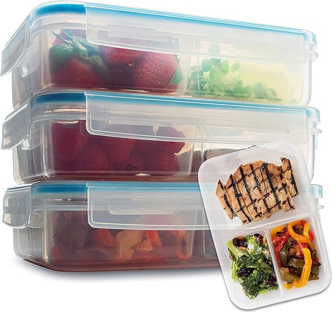 Komax Biokips Set of 3 Lunch Containers – 3 Compartment Food Container for Meal Prep, Portion Control – Microwave & Dishwasher Safe Bento Box Adult Lunch Container w/Locking Lid (37 oz)