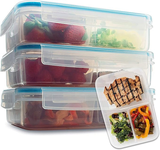 Komax Biokips Set of 3 Lunch Containers – 3 Compartment Food Container for Meal Prep, Portion Control – Microwave & Dishwasher Safe Bento Box Adult Lunch Container w/Locking Lid (37 oz)