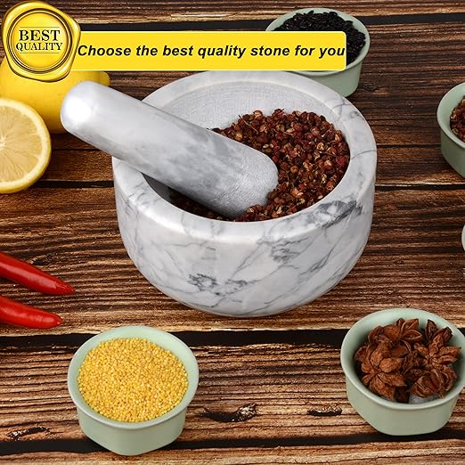 Mortar and Pestle Set Polished Natural Marble Stone Guacamole Molcajete Bowl with Base Silicone Pad,Matching Stainless Spoon and Matching Small Brush (Large, White Gray)