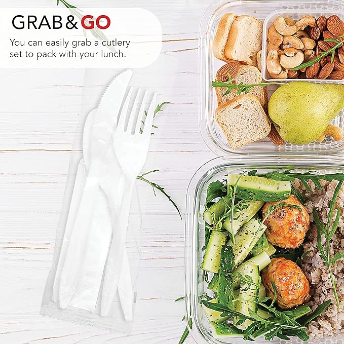 Party Essentials Individually Wrapped Plastic Cutlery Packets/Silverware Kits, White Fork/Spoon/Knife/Napkin, 100 Sets