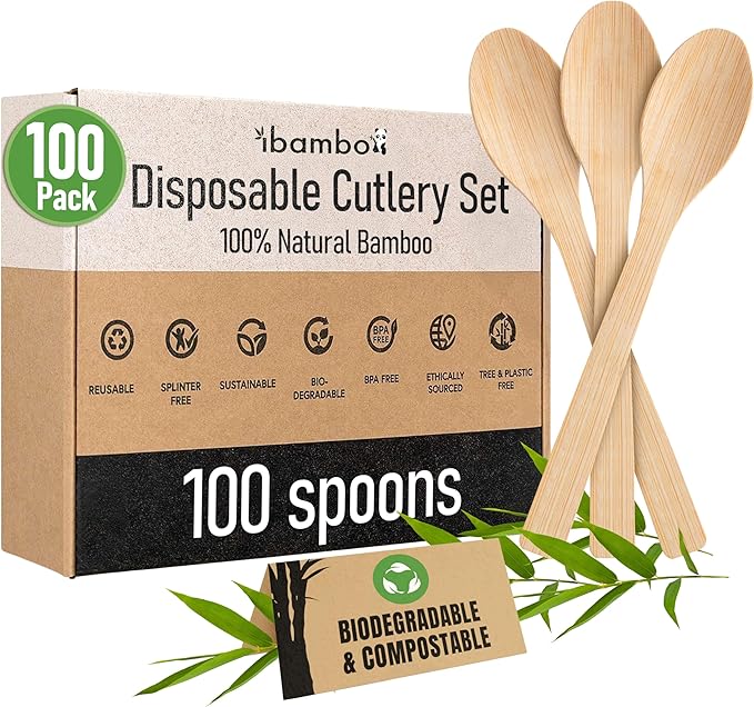 100% Bamboo Spoons Set - Biodegradable Silverware (100 Small Bamboo Spoons) | Reusable or Disposable Party Cutlery | Compostable FSC Certified Flatware for Weddings, Camping, Parties