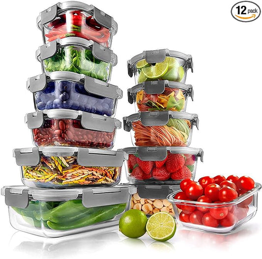 NutriChef 24pcs Glass Food Storage Containers, (12 Stackable Heavy Duty Meal Prep Containers w/ 12 Airtight Lids), Microwave, Freezer, & Dishwasher Safe for Food, Snacks, Fruit & More, (Gray)
