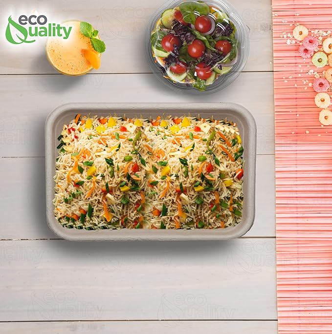 EcoQuality 34oz Disposable Bowls - Rectangular Compostable Sugarcane Fiber Biodegradable Paper Bowls Eco-Friendly Oblong Take Out Food Containers, Food Storage, Microwave Safe, Meal Prep (100 PACK)