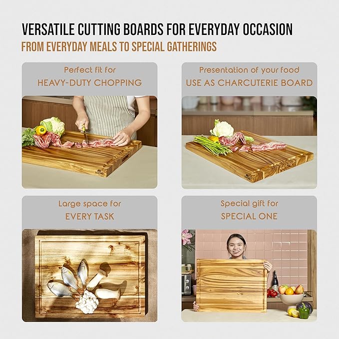 Bearchop Teak Cutting Boards for Kitchen, [17" x 13" x 1.5"] Medium Edge Grain Cutting Boards, Solid Teak Wood Butcher Block Cutting Board with Juice Grooves and Handle, Knife Friendly and Reversible