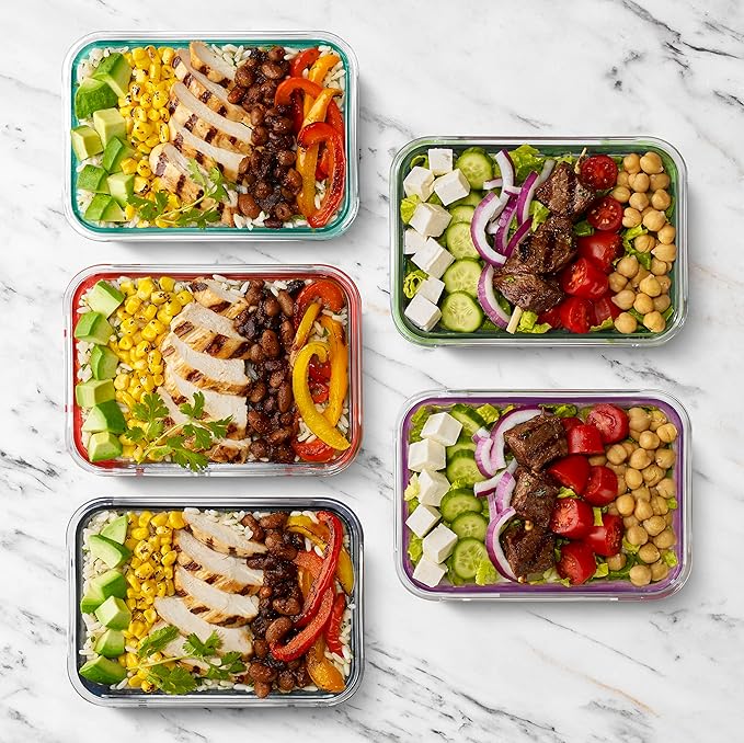 Ello Duraglass 3.4 Cup Meal Prep Sets 10Pc, 5 Pack Set- Glass Food Storage Container with Silicone Sleeve and Airtight BPA-Free Plastic Lids, Dishwasher, Microwave, and Freezer Safe, Fruit Salad