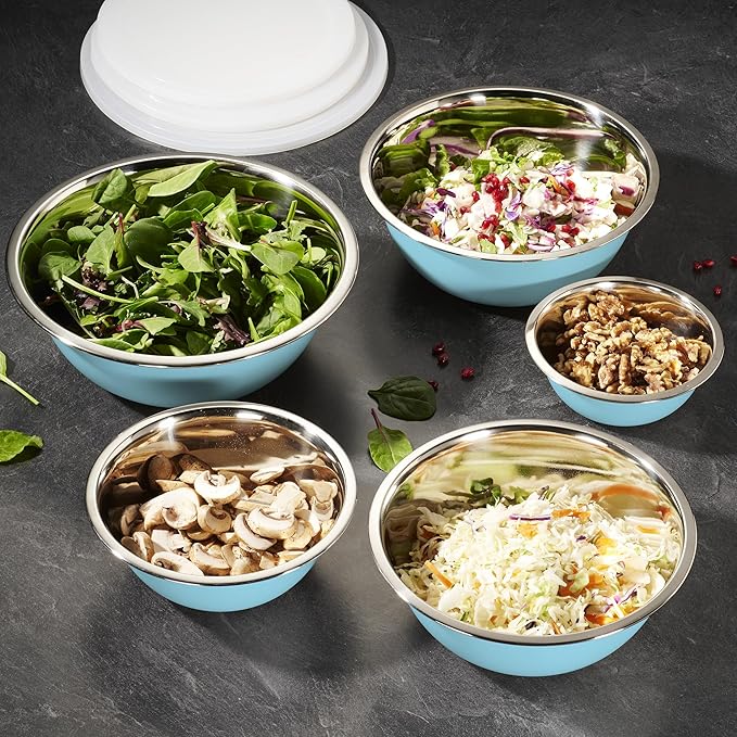 WHYSKO Stainless Steel Mixing Bowl Set, 10 Piece Stainless Steel Mixing Bowls with Lids Set for Food Prep Storage and Serving, Dishwasher Safe Microwave Safe for Kitchen Baking Cooking, Light Blue