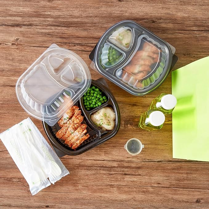 Restaurantware RW Base 27 Ounce Meal Prep Containers, 50 Microwavable To Go Containers With Lids - 3 Compartments, Disposable, Black Plastic Oval Food Containers, For Hot And Cold Food, Freezable