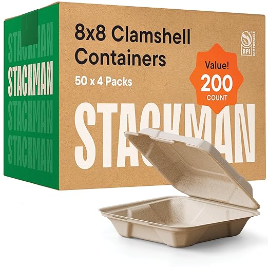 [Bulk - 200-Count] 100% Compostable to Go Containers 8x8" Clamshell Take Out Food Container with Hinged Lid - Disposable Togo Plates - Biodegradable Eco-Friendly Takeout Box Made of Sugar Cane Bagasse
