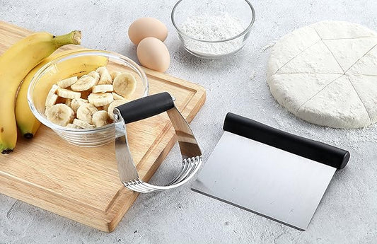 Spring Chef Stainless Steel Dough Blender and Bench Scraper Set, Black & Stainless Steel Round Measuring Cups, Set of 7-2 Product Bundle